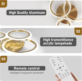 Ceiling light fixture with gold accents and remote control on a gray background